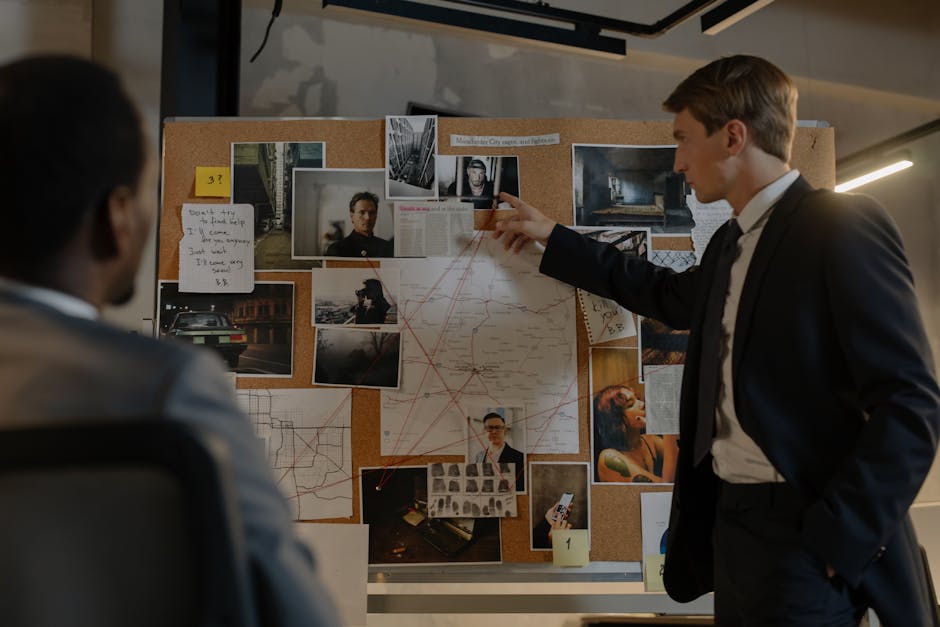 Two detectives discussing suspects and evidence on a cork board in an office setting.