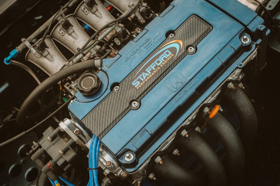 Detailed view of a Stafford performance engine with carbon fiber parts.