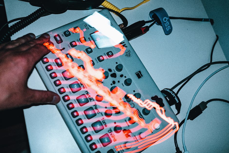A close-up of a hand on an electronic music device with glowing lights and cables. Perfect for music and technology themes.