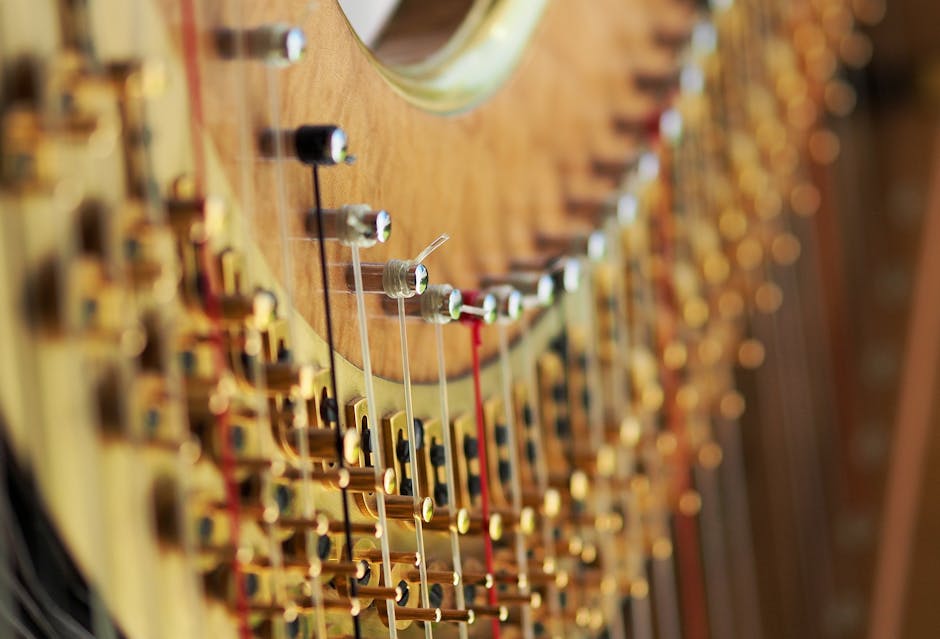 A close-up view of a harp showcasing its intricate strings and tuning pegs in fine detail.