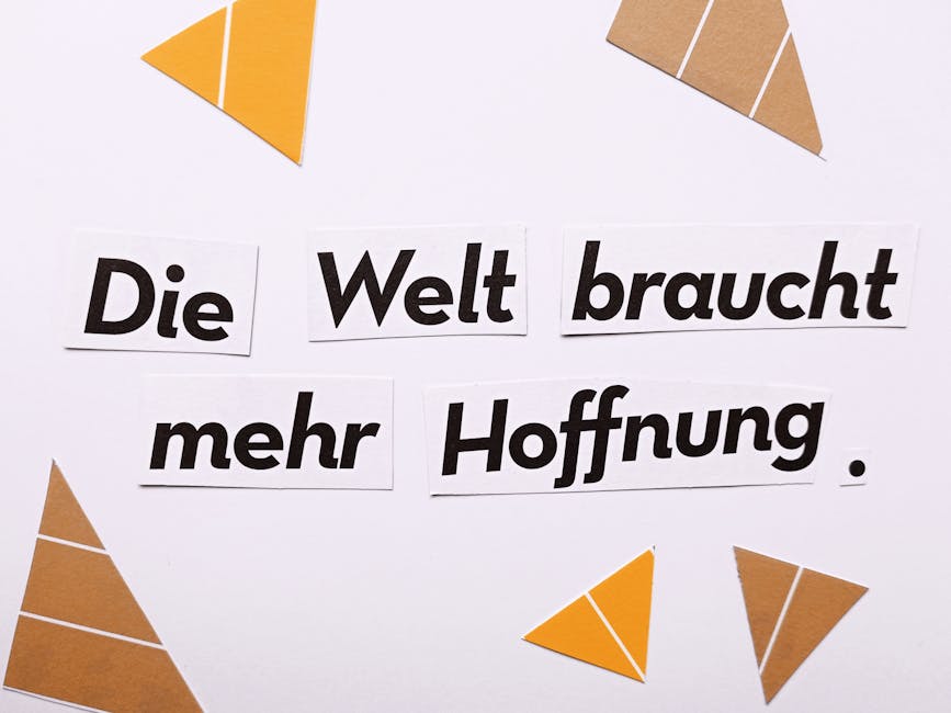Inspirational text 'Die Welt braucht mehr Hoffnung' on a white background with triangle cutouts.