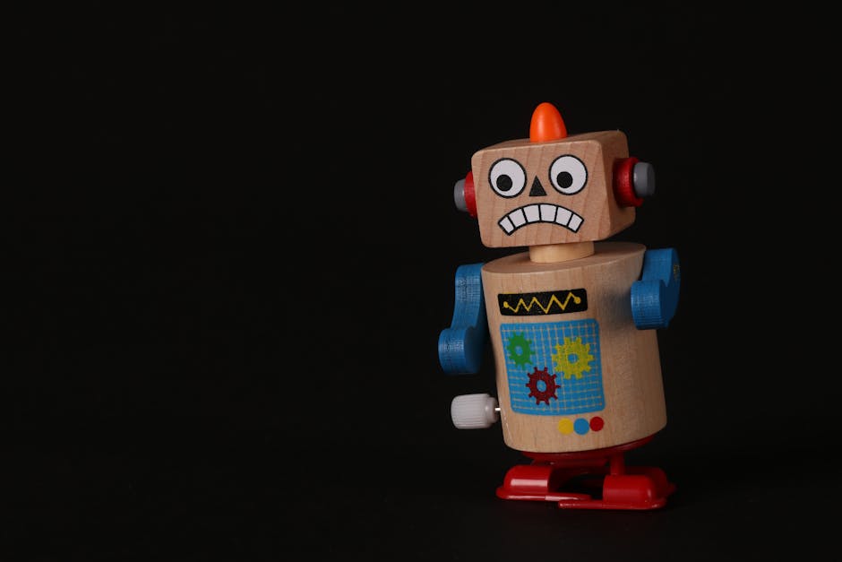 A vibrant wooden toy robot stands on a dark surface, showcasing vivid colors and playful design.