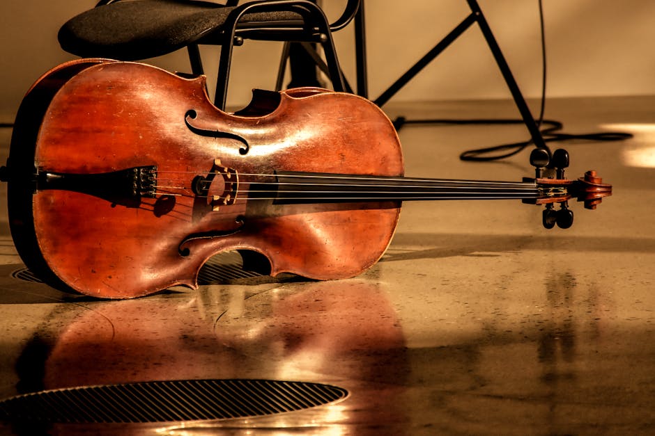 A cello lying on a polished floor in a warm lit room, showcasing its wooden structure.