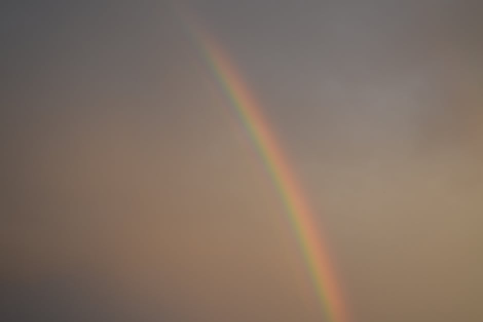 A stunning rainbow arches gracefully across a tranquil sky, creating a vivid, natural spectacle.