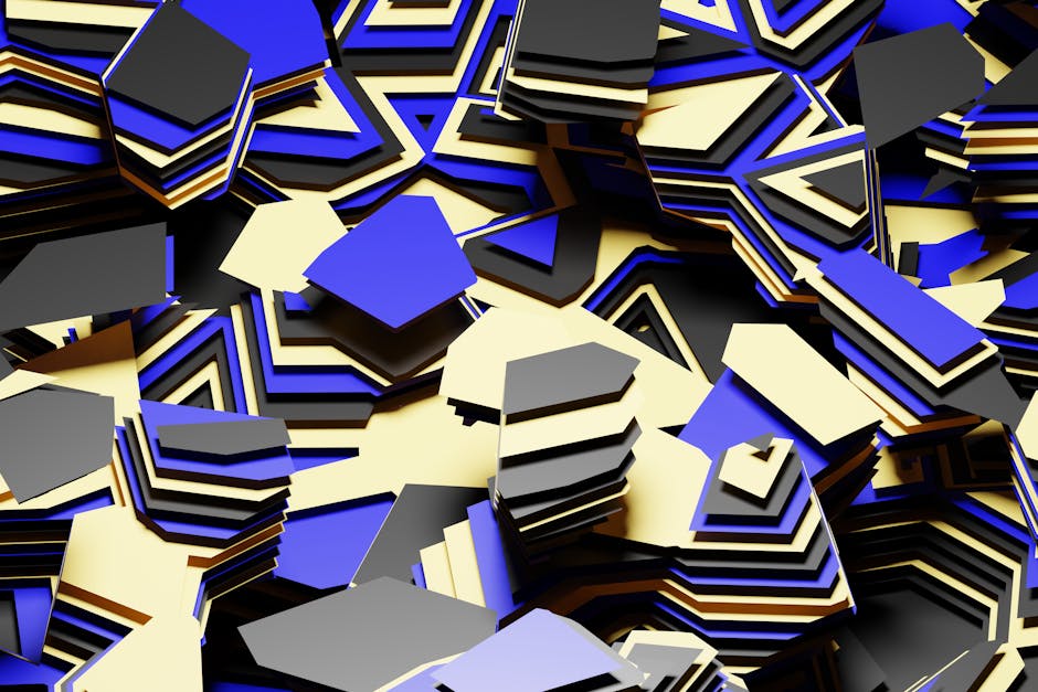 Dynamic composition of stacked geometric shapes in vibrant blue, black, and cream tones.