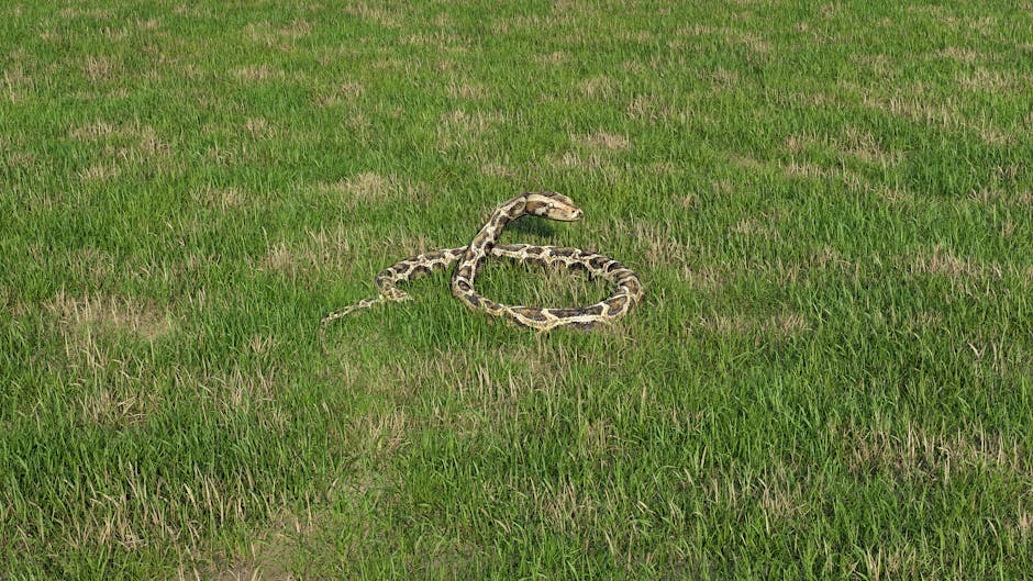 A Burmese python slithering through lush green grass in the UK.