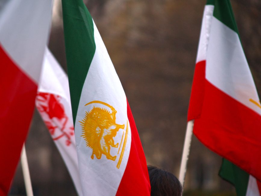 Close-up of Iranian flags waving outdoors in Washington, DC, showcasing cultural identity.
