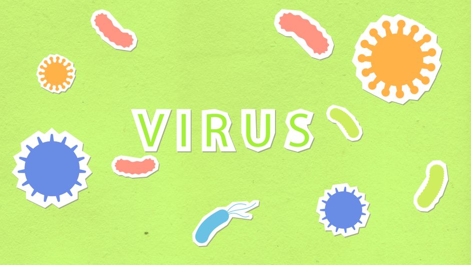 Paper cutout of Virus inscription on green background with abundance of different types of dangerous microorganisms during coronavirus disease pandemic